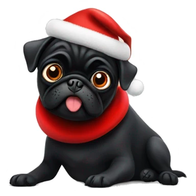 Black pug with big eyes wearing a red Santa hat sticker