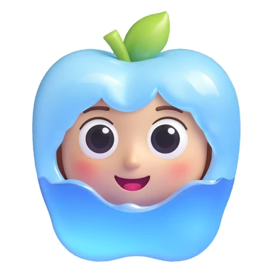 Cute Apple Memoji iceberg emoji, 3D, glossy icy finish, white and pale blue, rounded, shiny, big expressive eyes, tiny smile, floating in ocean, Pixar-style, soft shadows, minimal and adorable sticker