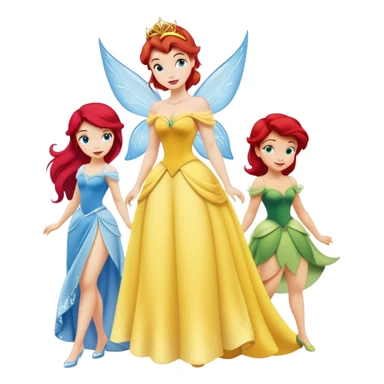four minimal Disney princesses in one image: Belle with yellow dress, Tinkerbell with wings, Ariel with red hair and tail, Cinderella with blue dress sticker