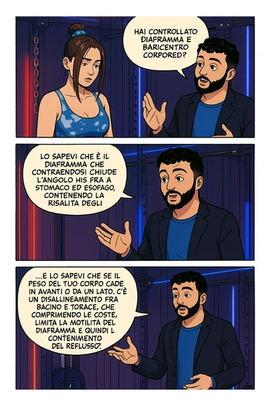 TRASFORMA QUESTO CAROSELLO IN UN FUMETTO STILE WEBTOON/MANGA A COLORI CON QUESTE DUE PERSONE IDENTICHE CHE INTERLOQUISCONO TRA LORO, L'uomo sta spiegando alla donna questo concetto:

LUI (UOMO): Hai controllato diaframma e baricentro corporeo?
LUI (UOMO): Lo sapevi che è il diaframma che contraendosi chiude l’angolo his fra stomaco ed esofago, contenendo la risalita degli acidi grassi?
LUI (UOMO): …e lo sapevi che se il peso del tuo corpo cade in avanti o da un lato, c’è un disallineamento fra bacino e torace, che comprimendo le coste, limita la motilità del diaframma e quindi il contenimento del reflusso? sticker