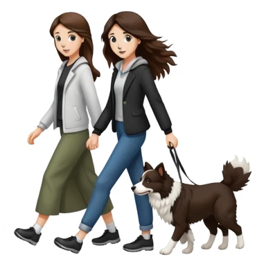 A beautiful girl with long brown hair walks a black and white Border Collie sticker