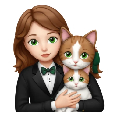 A pretty white girl with hazel brown eyes and brown wavy hair in a cosy white knit sweater, hugging a black and whitebtuxedo cat with green eyes sticker