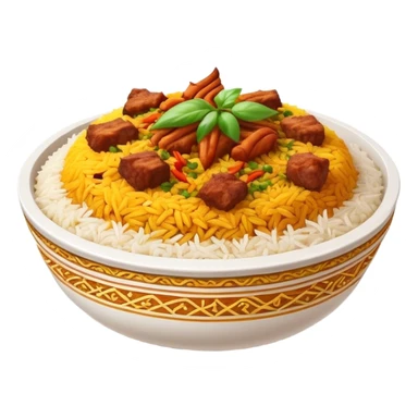 Cinematic Realistic Biryani Dish Emoji, depicted as aromatic basmati rice layered with spiced meat and herbs rendered with vibrant textures and warm, inviting lighting. sticker