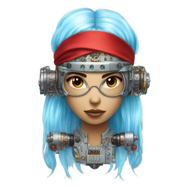 Light blue long hair female cyborg head with red steampunk headband goggles and circuits sticker