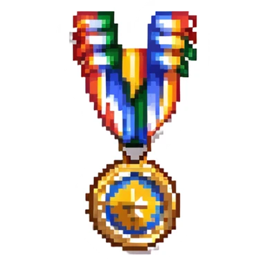 A colorful sponsor ribbon badge with a medal sticker