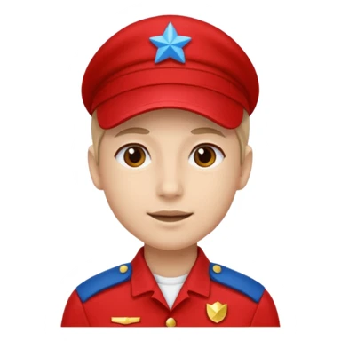 Vendeur comptoir habiller en rouge portant une casquette bleueu sticker