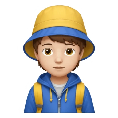 Little student, brown hair boy, wears blue bucket hat and jacket, yellow backpack, shy sticker