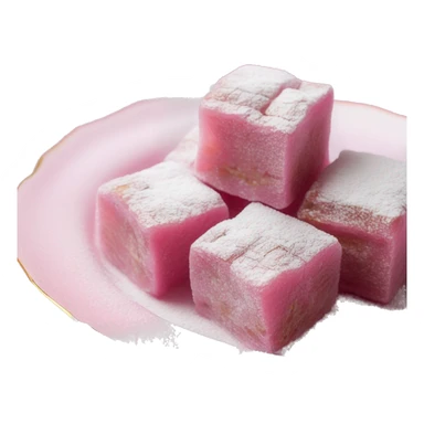 Turkish delight stacked cubes with chopped walnuts and covered with powdered sugar, on a pink porcelain plate sticker