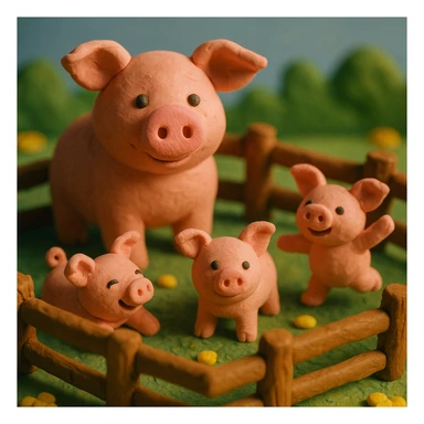 claymation style pig family in a wooden pen, piglets playing, colorful and cheerful sticker