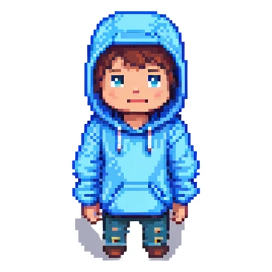 Edit the Minecraft character in the blue hoodie to have a surprised expression, keeping the pixel art style and pose the same. sticker