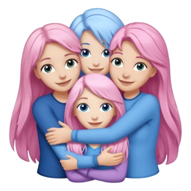 four white grips hugging and smiling    2 girls with brown eyes and long dark brown hair. One girl with long light pink hair and blue eyes, one girl with blue eyes and light blonde hair sticker
