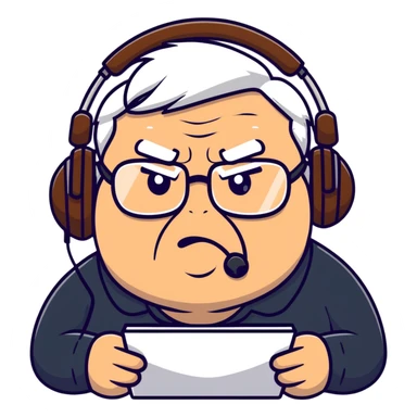Brown old man with medium white hair, wearing glasses and headphones, looking surprised and angry, no facial hair, chubby, looking to the upper left corner sticker