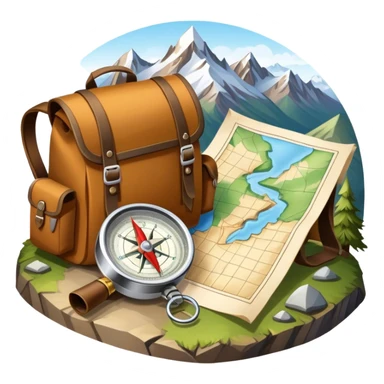 Icon for Expeditions: a compass, a map and a backpack with trekking gear, placed on a rugged mountain terrain with snow-capped peaks. The icon should evoke the spirit of adventure and discovery in remote, unexplored places. Transparent background. sticker