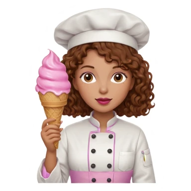 woman brown curly hair, chef, eating pink ice cream sticker