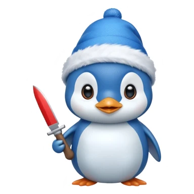 Cute blue pinguin wearing a blue Christmas hat and holding a knife sticker