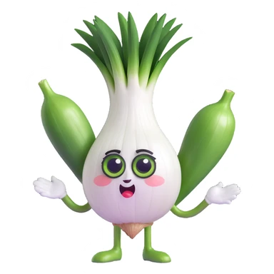 adorable anthropomorphic green onion, 3D chibi style, round white onion body, oversized expressive eyes, green leaves as hair, comically exaggerated crying expression with onion juice tears spraying out, funny dynamic pose, pastel colors, soft textures, high quality lighting, transparent background sticker