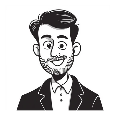 A middle-aged man with a medium black and gray beard, short dark hair cut to the scalp on the sides and combed back on top, blue eyes, smiling sticker