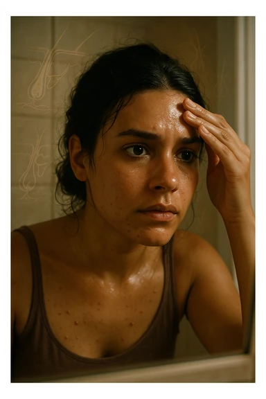 A realistic, cinematic portrait of a young woman in her late 20s with medium skin tone, sitting in front of a mirror in a softly lit bathroom. Her facial skin appears oily with a noticeable shine on her forehead, nose, and cheeks due to overactive sebaceous glands caused by PCOS. Small acne spots are visible along her jawline and chin, highlighting hormonal imbalance. She gently touches her forehead with her fingertips, checking the oiliness with a slightly concerned expression. Her dark hair is tied loosely, showing a few strands sticking to the sides of her face because of excess sebum. Subtle overlays of scientific diagrams of sebaceous glands can be softly blended into the background, symbolizing the overproduction of sebum. The atmosphere is clean and realistic, with warm daylight tones and a soft depth of field, ensuring emotional connection while maintaining medical educational value. 35mm film style, highly detailed skin texture and reflections on the oily areas for a hyperrealistic effect in italiano sticker