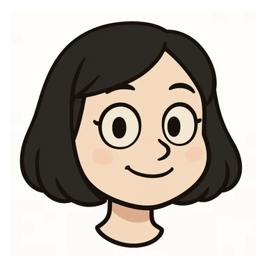 young cute girl with pale skin, black bob haircut, light makeup, big simple cartoon eyes, simple soft smile, minimal details, classic Telegram sticker style, head only without neck, white background sticker
