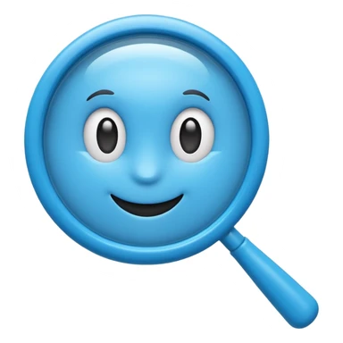 A cute 3D emoji-style blue magnifying glass, glossy plastic material, soft rounded shape, vibrant blue color, smooth reflections, minimal details, centered composition, isolated on a clean background, emoji style, high quality 3D render sticker