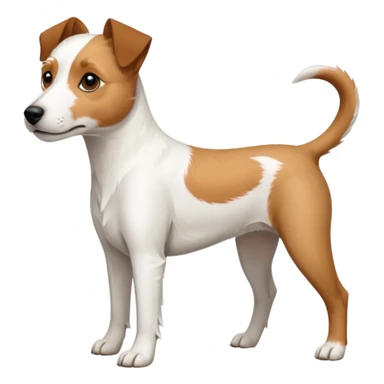 a full body white parson russell looking dog the size of a kelpie with light brown ears and a light brown patch on one eye and a large snout sticker