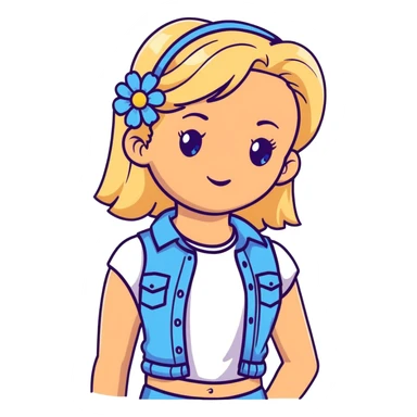 preppy coastal teen girl with blue eyes, beach blonde hair, tan skin, small flowers in her ear, preppy beach outfit sticker