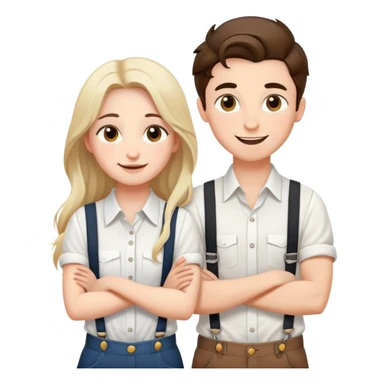 A boy in a white shirt and a girl with long hair and suspenders crossed their arms over their chests - with happy faces sticker