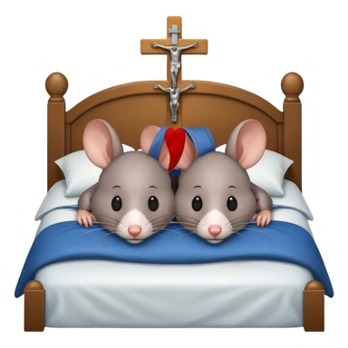 2 rats cuddles together in bed with a crucifix sticker