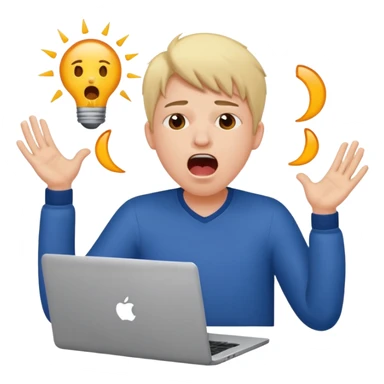 student with laptop, hands up, yawning, tired expression sticker