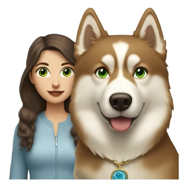 Brown hair  woman with blue eyes with a golden Husky with green eyes sticker