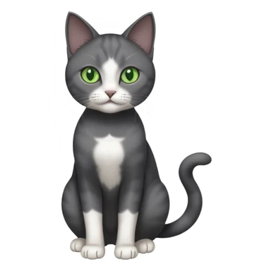 full body view of beautiful female dark grey cat with green eyes, white toes and white patch on chest sticker
