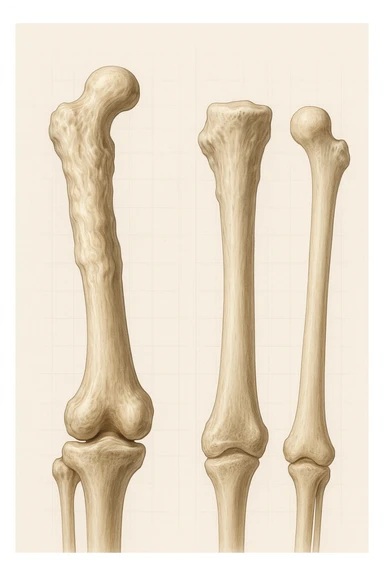 A highly realistic medical illustration focusing on a human arm and leg bones affected by melorheostosis. The bones appear visibly thickened, irregular, and larger than normal, with clear, layered bone growth resembling melted wax dripping down the side of the bones. The image shows a side-by-side comparison with a healthy bone for clarity, highlighting the difference in size and texture. The color palette includes neutral bone colors with subtle shading to show the abnormal contours and ridges. The background is clean and minimalistic, with faint anatomical grid lines for a scientific, educational feel. The overall mood is informative and precise, conveying the key visual characteristic of melorheostosis: progressive bone thickening that makes bones visibly larger and irregular. in italiano sticker