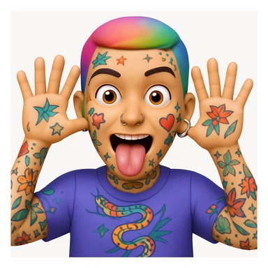 A 3D emoji in iOS emoji aesthetic style of a wild expressive person with colorful tattoos, multiple facial piercings, sticking out their tongue and making a funny face, glossy Apple-style design, clean white background, vibrant and bold look. sticker