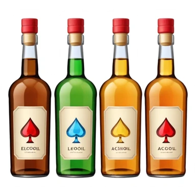 Four bottles of alcohol, each with distinct shapes and labels, arranged neatly in a row. The bottles should vary in color and size, with detailed labels and caps. sticker