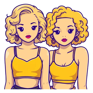 Two teenage girls together, one blonde and one with curly brown hair, both with heavy makeup, big lips, crop tops, gold jewelry and flashy choni style outfits sticker