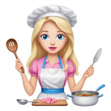 Cinematic realistic beautiful blonde with long hair, blue eyes and pink lips in a white dress cooks sticker