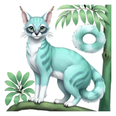 Colorful dark tropical pale light jade-green, mint-blue, whitish pastel white glorious divine exotic cute cool beautiful shiny beautiful fantasy-caracal-civet-genet-sergal-vernid-Gryphon-Cacomistle-Trico-oncilla-animal-Fakémon-hybrid-fursona (full body) sticker
