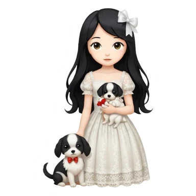 Pastel anime lady long hair with long lace dress full body holding puppy sticker