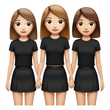 emoji of a girl with long, straight light brown hair, fair skin, soft brown eyes. Wearing a stylish black top and mini skirt. Full-height, standing confidently with shoulders back, head up, smiling proudly. Surrounded by 3 women next to her, holding hands. women have different eye color sticker