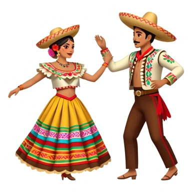 Cinematic Realistic scene of two performers dancing the Jarabe Tapatío, dressed in colorful traditional Mexican costumes with intricate embroidery, captured in energetic, festive motion with vibrant, celebratory lighting sticker