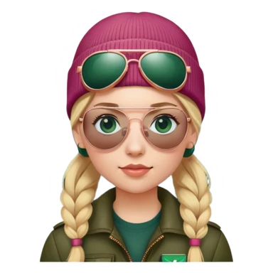 girl with pigtailed blond hair
with blue eyes
and aviator sunglasses
wearing beanie
wearing (rose gold apple watch with forest green band) sticker