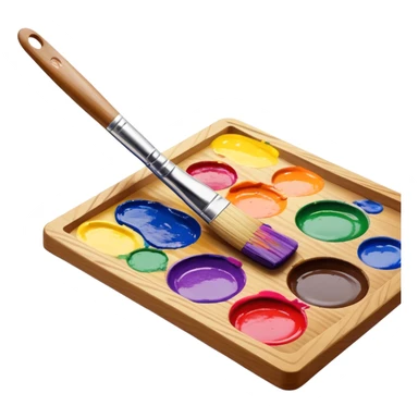 Cinematic Realistic image of a vibrant paint palette and brush, featuring a wooden palette smeared with an array of richly blended colors and a finely detailed brush with soft, delicate bristles, set against a softly textured background that evokes artistic inspiration sticker