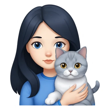 A girl with long black hair is holding a blue and white British shorthair sticker