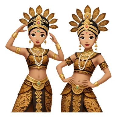 ​Cinematic Realistic Traditional Javanese Dancers, depicted as two graceful dancers in ornate traditional costumes with intricate batik patterns and elaborate headpieces, captured in dynamic poses during a ritual dance in an ancient temple courtyard, rendered with soft golden lighting and rich cultural textures, sticker