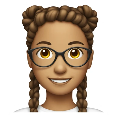 Brown haired young lady with long pigtails, futuristic glasses and a smile sticker
