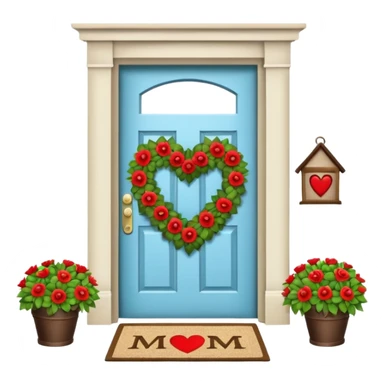 House door with heart-shaped wreath and welcome mat reading "Mom" sticker