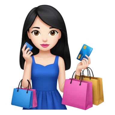 Girl with long black hair, pink lipstick, brown eyes holding shopping bags and blue credit card and wearing a dress  sticker