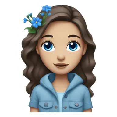 Brunette white Girl with blue eyes and freckles holding blue flowers  sticker