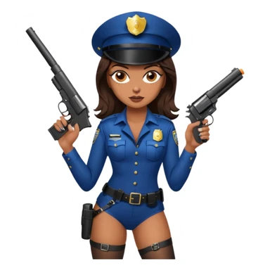 A sexy girl. with caramel skin. Dark brown hair and brown eyes. She has freckles. Wearing sexy makeup. Dressed as a sexy cop. wearing lingerie and heels. Holding a gun sticker