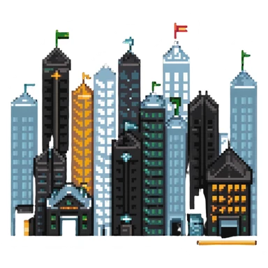 cityscape with economic symbols like upward arrows, coins, and buildings sticker